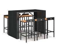 Garden Bar Set Black 145x80x110cm PE Rattan & Acacia Wood 6pcs Stools Outdoor XL