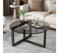 Black,70cm,Round Glass Coffee Table, Round Corner Tempered Glass Desktop Anti-collision, Wrought Iron Metal Leg Support - Safe & Stable