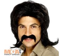 Black 70s Wig Mens Fancy Dress 1960s 1970s Groovy Retro Adults Costume Accessory