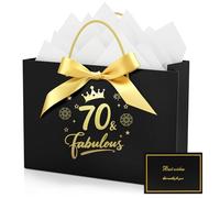 Black 70th Birthday Gift Bag, Black Gold Paper Bag with 1 Card and 2 Tissue Paper for 70 Year Old Present, Party, Birthday Decorations Supplies (20 x 10 x 28 cm)