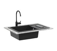 Black 780 x 500 mm 80% Quartz 20% Resin Top Mounted with Drain Fitting Scratch Resistant Heat Resistant Ideal for Kitchen, Garden, Outdoor and Workshop