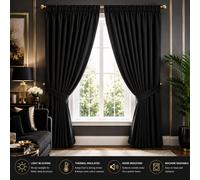 (Black, 90" X 90" OR 228cm X 228cm) 100% Blackout Curtains Thermal Insulated Pencil Pleat Curtain Pair with Tiebacks