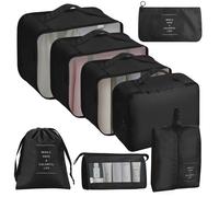 ASAB 9Pcs Packing Cubes for Travel Suitcases Portable Space Saving Double Zippered Suitcase Organiser Bags with Buckle Design Shoes Cosmetics Toiletries Waterproof Luggage Cubes Storage Bags (Black)