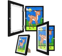 Black a4 Picture Frame, 2 Pack Wooden Art Frames for A4 Paper, Horizontal and Portrait Kids Artwork Diaplay, Easy Change, Magnetic Toddler Opening, Table Mount, Childrens Drawings Storage Wall Holder