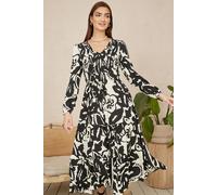 Black Abstract Print Ruched Midi Dress With Long Sleeves Yumi Black 8