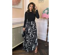 Black Abstract Stripe Print 2 in 1 Long Sleeve Pleated Skirt Midi Dress AX Paris Black 8