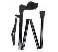 Black Adjustable Folding Anatomical Handled Walking Stick Left Hand with Strap