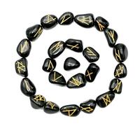 Black Agate Runes Stone Set with Velvet Pouch and Instruction EBook ~ Elder Futhark Runes Engraved Pagan Viking Symbols for Reiki Healing, Crystal Grid & Energy Balancing