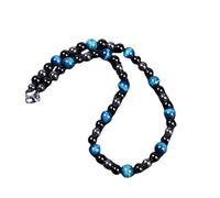 Black Agate Stone Beaded Necklace for Men Hematite Tiger's Eye Stone Necklace Handmade Healing Crystal Choker Strand Jewelry Gift for men boys Blue Tiger Eye Stone