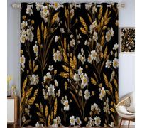 Black American Country Blackout Curtains for Bedroom 72 inch Drop Eyelet Curtains for Living Room Nursary Daisy Wheatgrass Branches Thermal Insulated Window Curtain Panels 2 Panels 46"W x 72"L