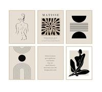 Black and Beige Wall Art - 6PCS Matisse Wall Art Prints, Beige Room Decor, Abstract Line Leaf Boho Prints, Boho Print for Walls, Neutral Vintage Canvas posters for Living Room Bedroom Decor, Unframed