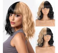 Black and Blonde Short Wig with Bangs for Women Heat Resistant Synthetic Hair Wig Two Tone Cosplay Party Halloween Cosplay Wig