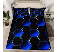 Black And Blue Super King Fitted Sheet, Geometric Fitted Sheet Super King, Deep Pocket 12 inch (30 cm) - Microfibre Fabric 3D Fitted Sheets - Shrinkage and Fade Resistant Bedding - Bottom Sheet T413