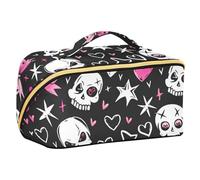 Black and Blush Pattern with White Skulls Black Background Cute Bow on Head Hearts Stars and Bows in The Style Of monsters High Designed Cosmetics Bag with dividers Waterproof Hanging Travel