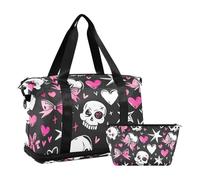 Black and Blush Pattern with White Skulls Black Background Cute Bow on Head Hearts Stars and Bows in Style Of Monster High Travel Duffel Bags Carry on Bag with Adjustable Strap for, black and blush