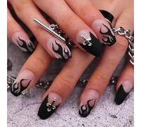 Black and Clear Acrylic Nail Tips with Bold Flame Design & Metallic Cross Charms - Long Almond Shaped False Nails for Gothic Punk Style, 24 Pcs Easy Application Kit with Matte Finish