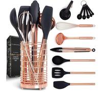 Black and Copper Kitchen Utensils with Holder - 17-Piece Set with Measuring Cups and Spoons, Rose Gold Cooking Tools - Stylish Black and Copper Kitchen Accessories for Modern Cooking and Baking