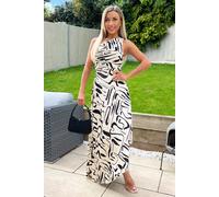 Black and Cream Printed One Shoulder Pleated Satin Midi Dress AX Paris Multi 16