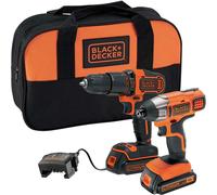 Black + Decker 18V Cordless Hammer Drill and Impact Driver with soft bag