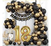 Black and Gold 18th Birthday Decorations with Happy Birthday Banner, Garland Balloons for Boys and Girls Party