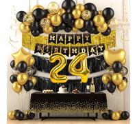 Black and Gold 24th Birthday Decorations for Men Him, Happy 24th Birthday Party Decorations for Him Her, Gold Tinsel Fringe Garland, Banner, Number Balloons, Table Cloth, Swirls and Foil Balloons