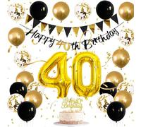 Black and Gold 40th Birthday Decoration Set - Large Number Balloons, Banners, Bunting and Cake Topper for Adult Milestone Party Celebrations