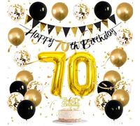 Black and Gold 70th Birthday Party Decoration Set for Milestone Celebrations - Includes Large Foil Number Balloon, Banner, Confetti Balloons, Latex, and Matching Cake Topper