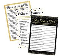 Black and Gold 90th Birthday Games Set, Born in the 1930s, 20 Guests | 5" x 7" Dual-Sided Cards, Who Knows Best, Older or Younger, and 1930s Trivia Games, Answer Keys Included