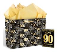 Black and Gold 90th Birthday Gift Bag With Tissue Paper, Card and Candy Wrapping Party Supplies for Men and Women