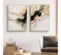 Black and Gold Abstract Marble Wall Art - Modern Foil and Beige Watercolor Print with Neutral Ink Design - 16x24inchx2 No Frame