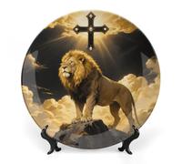 Black And Gold African Leo Lion King with Cross Ceramic Decorative Plate 7inch Bone China Decorative Personalized Boho Plates with Display Stand, Ceramic Ornaments Dessert Plates for Home Decor Dinner