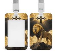 Black And Gold African Leo Lion King with Cross ID Badge Holder - Retractable Badge Reel, Vertical Card Name Tag Holder with Breakaway Lanyard, ID Cards Holders Case for Nurse Security Staff Women Men