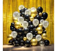 Black and Gold Balloon Arch Kit, 100pcs 5/10/12/18 inch Gold Black Balloons Garland with 2pcs 3.2ft × 6.5ft Gold Tinsel Curtains, for Party Decoration Birthday Holiday Wedding Anniversary