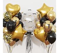 Black and Gold Balloons Heart Star Shape Foil Balloons for Birthday Party, Metallic Gold and Black Party Decoration 18 in Clear Confetti Heart Star Mylar Balloon as Graduation 2025 Prom Supplies Decor