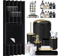 Black and Gold Bathroom Set with Shower Curtain and Rugs and Caddy, Bathroom Accessories Sets with Extra Soft and Absorbent Bath Rugs Shower Curtain Black Bathroom Sets for Bath