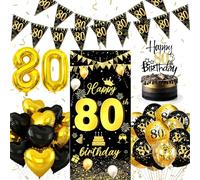 Black and Gold Birthday Decorations 80, Balloon 80th, Background, Bunting Black and Gold, Party Decorations Set, , Suitable for Birthday Party Decoration, Wedding Anniversary