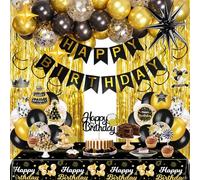 Black and Gold Birthday Decorations for Boys Men, Gold Party Decorations include Happy Birthday Banner, Tablecloth, Fringe Curtains, Star Foil Balloons for Birthday Decorations