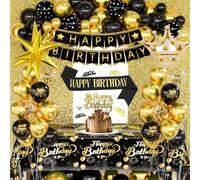 Black and Gold Birthday Decorations Set for Men Adults - Happy Birthday Banner,Confetti Balloons,Fringe Curtain,Exploding Star Foil Balloon,Tablecloth & Crown for Party Decorations