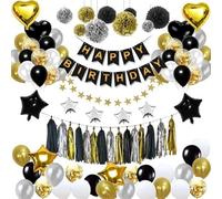 Black and Gold Birthday Party Decorations Kit for Men Women, Cheers Beer Confetti Black Gold Balloon Happy Birthday Banner Fringe Curtains Swirl Circle Dots Tassels Pom Graduation (Black & Gold)