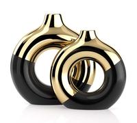 Black and Gold Ceramic Vase Set, Round Vases for Centerpieces and Living Room, Gold Home Decor Accents for Kitchen and Coffee Table,Knick Knacks for Shelves