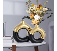 Black and Gold Circle Vase with Hole, Ceramic Gold Vases Home Decor, Modern Minimalist Dining Table Centerpiece, Donut Black Golden Vase for Shelf - for Pampas Grass Mantel Coffee Table Decorative