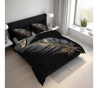 Black and Gold Feather Duvet Cover, Plumage Modern Abstract Art Bedding Sets King Size, Reversible Print Breathable Quilt Cover with 2 Pillowcases, Zipper Closure, Bedroom Decor GZ70d