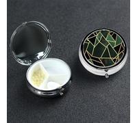 Black and Gold Geometric Pill Box with Mirror 3 Compartment Decorative Pill Case for Purse or Pocket Small Round Pill Organizer Weekly Metal Medicine Tablet Vitamin Holder Travel Gift