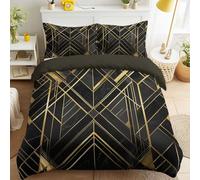 Black and Gold Geometry Refined Black Duvet Cover Set Single Size 230 x 220 cm, Modern Minimal Calm Bedding Set Quilt Cover with 2 Pillowcases, Soft Microfibre for Bedrooms and Flat Bedrooms
