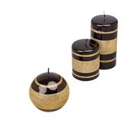Black and Gold Glass Effect Striped Glitter Gloss Ball Pillar Candles (Set of All 3)