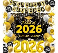 Black and Gold Graduation Decorations 2026, Graduation Party Decorations Class of 2026 Backdrop, Congrats Grad Banner Black Gold and White Balloons Foil 2026 Balloons College High School Master Phd