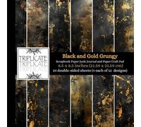 Black and Gold Grungy Scrapbook Paper, Junk Journal and Paper Craft Pad: 24 double-sided matte pages of 8.5 x 8.5 inch 60lb (90gsm) decorative craft paper of 12 background designs (4 of each design)