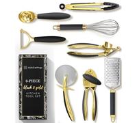 Black and Gold Kitchen Utensils - Luxe 8-Piece Gold Kitchen Tools Set with Can Opener, Pizza Cutter, Peeler, Mini Whisk, and Tongs - Stylish Accessories for Modern Cooking and Ideal for Gifting