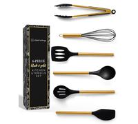Black and Gold Kitchen Utensils Set - 6-PC Silicone Utensils Set Include Tongs, Whisk, Serving Spoon, Spatula, and Turner for Stylish Cooking and Baking - Black and Gold Kitchen Accessories and Decor