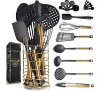 Black and Gold Kitchen Utensils Set with Stainless Steel Holder - 18-Piece Nylon Cooking Utensils with Measuring Cups and Spoons - Stylish Gold Kitchen Accessories for Baking and Cooking